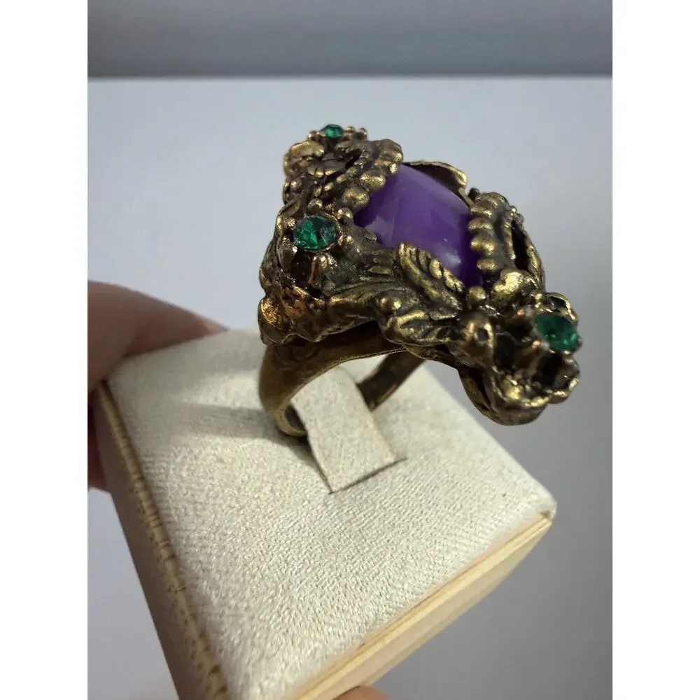 Vintage Gold Tone Purple Cabochon Green Rhinestone Ornate Statement Ring Size 6